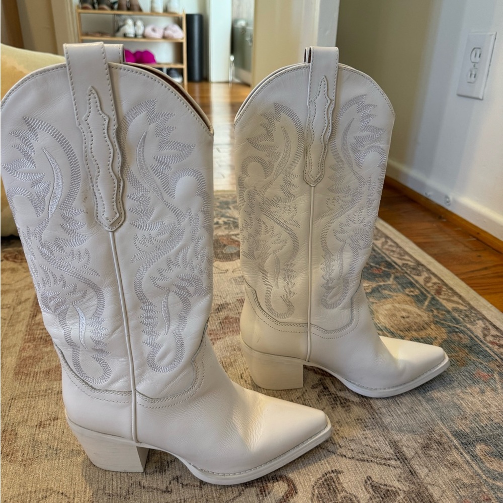 Free People White Embroidered Western Heeled Boots